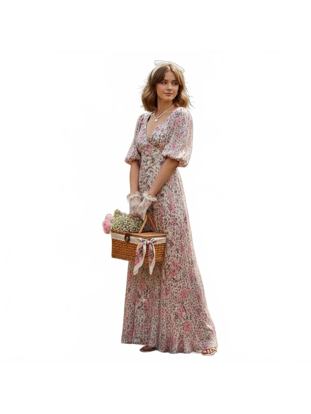 BCBGMAXAZRIA Maxi 10 Floral V-Neck Puff Sleeve Silk Coquette